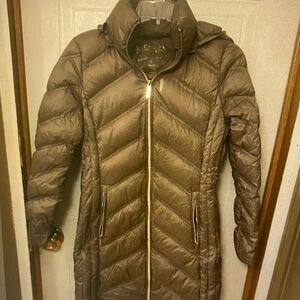 Michael Kors Brown Chevron Long Puffer Coat with Gold Zipper